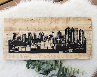 Calgary Skyline Sign | Reclaimed Pallet Wood Decor | Rustic Art | Hand Painted | Downtown Buildings | Cityscape | YYC | The Core