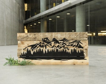 Three Sisters Canmore Mountain Scene Rustic on Reclaimed Pallet Wood // Made to Order