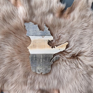 May include: A wooden cutout of the province of New Brunswick, Canada, painted in shades of brown, gray, and white. The cutout is placed on a light brown faux fur surface.