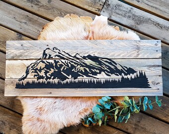 Mount Rundle Sign | Hand Painted On Reclaimed Pallet Wood | Rocky Mountains | Banff National Park Mountain Scene | Large Version