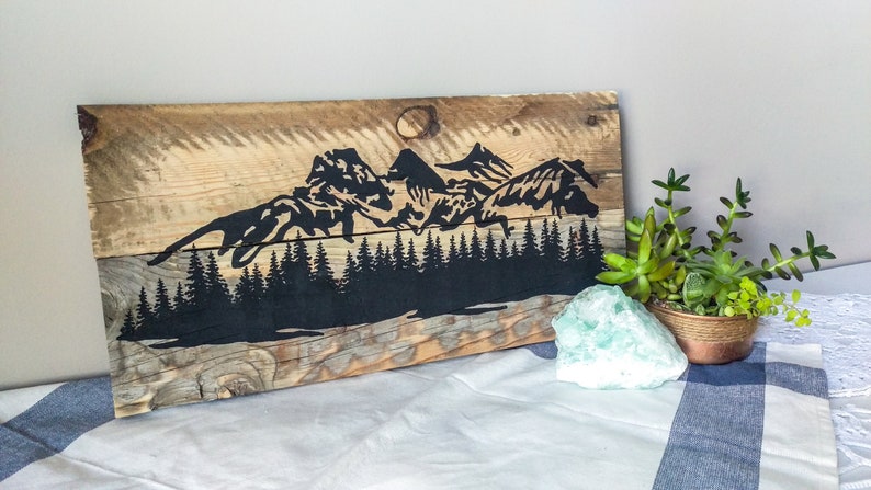 Three Sisters Sign Canmore Mountain Scene Rustic on Reclaimed Pallet Wood Mini Size image 7