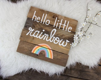 Hello Little Rainbow Multi Colored Pastel Rainbow Reclaimed Pallet Wood Sign // Made to Order