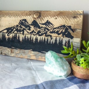 Three Sisters Sign Canmore Mountain Scene Rustic on Reclaimed Pallet Wood Mini Size image 5
