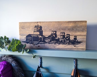 Row Of Grain Elevators Sign | Reclaimed Pallet Wood Art | Five Elevators In A Row