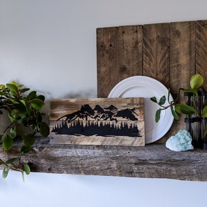 Three Sisters Sign Canmore Mountain Scene Rustic on Reclaimed Pallet Wood Mini Size image 4