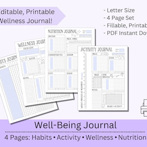 May include: Printable wellness journal with four pages: Habits, Activity, Wellness, and Nutrition. Each page has a light blue background and black text. The journal is letter size and includes a printer icon.