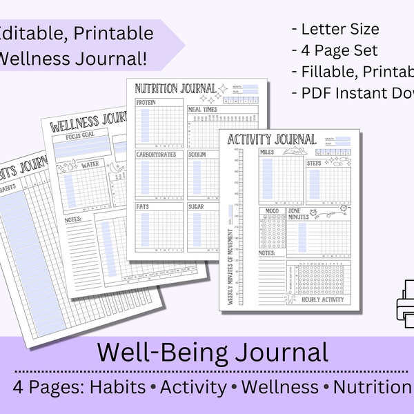 Editable Well-Being Weekly Journal Printable, Letter Size | Habit Tracker | Activity Tracker | Wellness Tracker | Nutrition Log | Self-Care