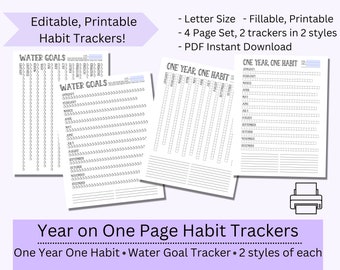 Year on One Page Habit & Water Tracker: Editable Printable (PDF, Letter Page Size)
