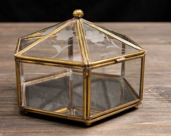 Vintage Glass Hexagon Shaped Box With Mirrored Bottom With Etched Top and Feet