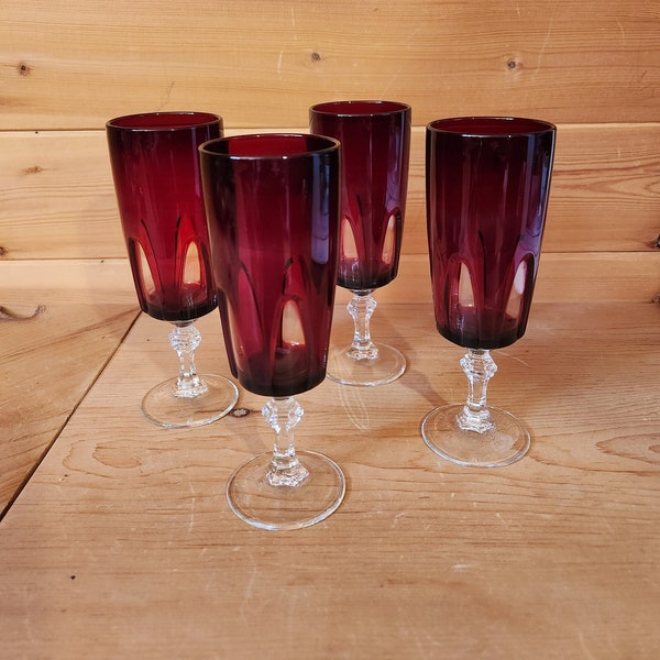 Set Of 4 Ruby Red Luminarc France Footed Glasses
