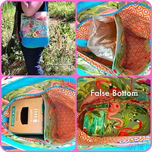 Puede incluir: Una bolsa de tela con estampado de flamencos y ribete azul turquesa. La bolsa tiene un fondo falso y un bolsillo con cremallera. La bolsa se muestra con una caja de cartón en su interior.