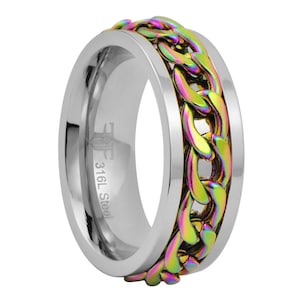 Rainbow Chain Spinner Ring Stainless Steel Meditation Anti Anxiety Band Sizes 3-17