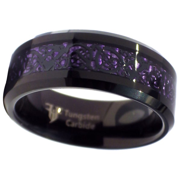 Tungsten Black Celtic Dragon Ring Purple Carbon Fiber 8mm Womens Mens Wedding Band Sizes 5-17