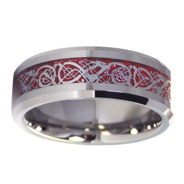 Tungsten Fire Red Celtic Dragon Ring Mens Womens Wedding Band 8mm Sizes 6-17