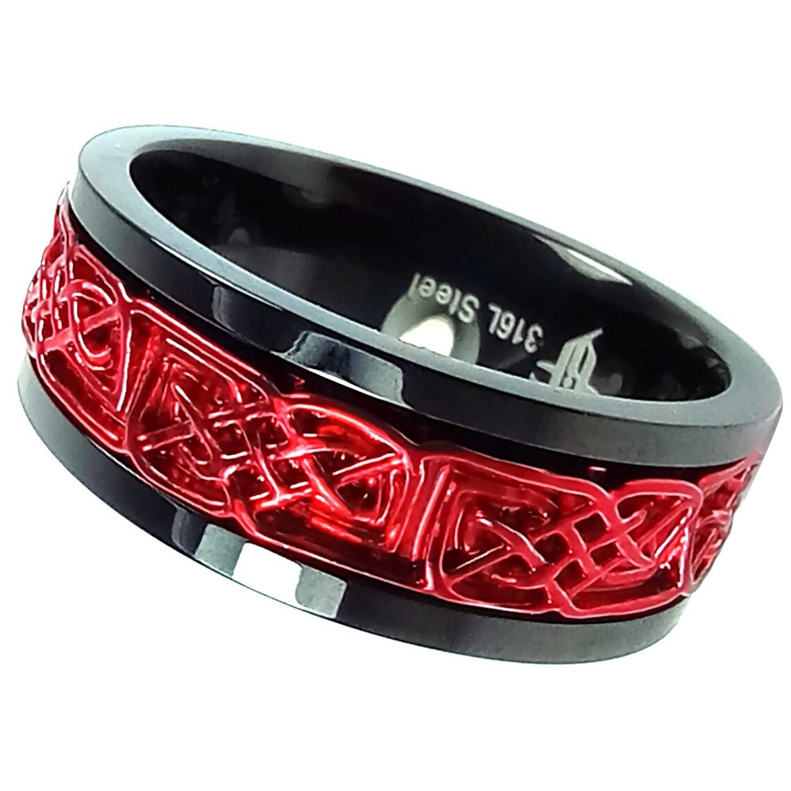 Crimson Red Viking Spinner Ring Black Stainless Steel Celtic Norse Anti ...