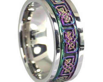 Black & Rainbow Celtic Spinner Ring - Stainless Steel Meditation Worry Wedding Band