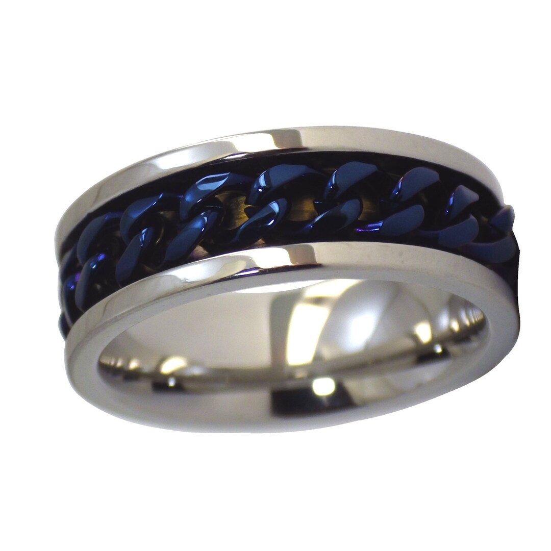 Electric Blue Chain Spinner Ring Mens Womens Stainless Steel Wedding