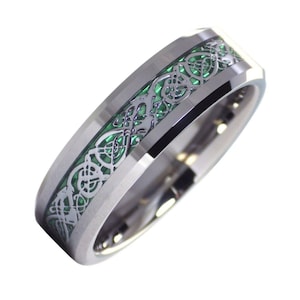 Tungsten Celtic Dragon Ring Mens Womens Green Carbon Fiber Handfasting Wedding Band 6mm