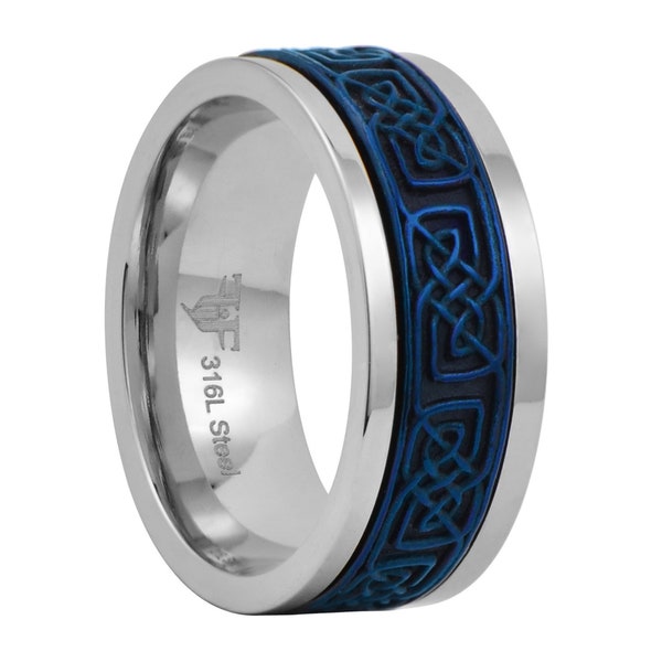 Blue Celtic Spinner Ring Mens Womens Stainless Steel Meditation Anti Anxiety Band Sizes 3-17
