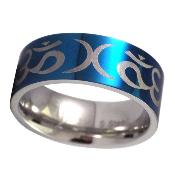 Electric Blue Ohm Ring Womens Mens Stainless Steel Aum Band Sizes 6.5-7.5 Spiritual Jewelry