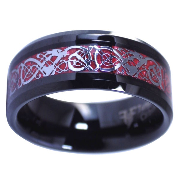Black Tungsten Red Celtic Dragon Ring Mens Womens 8mm Carbon Fiber Handfasting Wedding Band Sizes 6-17