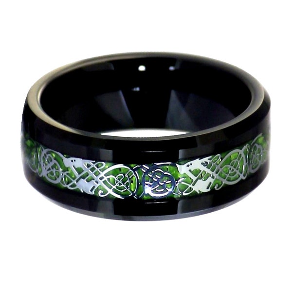 Black Tungsten Green Celtic Dragon Ring Mens Womens 8mm Handfasting Wedding Band Sizes 6-17