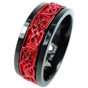 Crimson Red Viking Spinner Ring Black Stainless Steel Celtic Norse Anti Anxiety Band Sizes 5-17