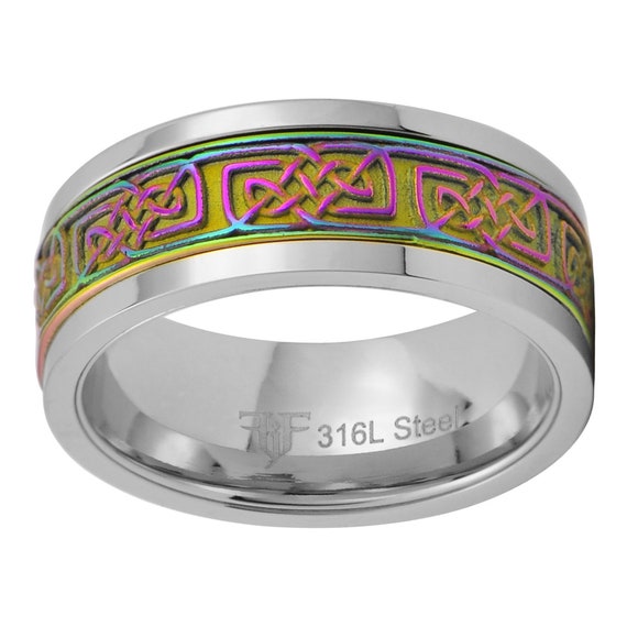 Black & Rainbow Celtic Spinner Ring - Stainless Steel Meditation Worry Wedding Band