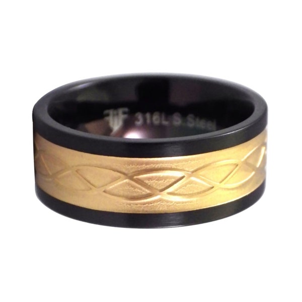 Gold Celtic Knot Ring Mens Womens Stainless Steel Black Wedding Band 8mm Sizes 6.5-12