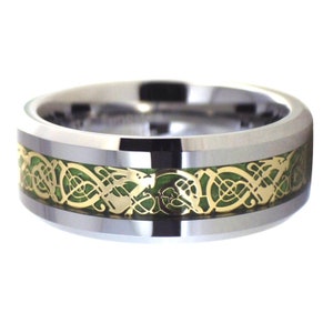 Gold Celtic Dragon Green Carbon Fiber Ring Tungsten Wedding - Etsy