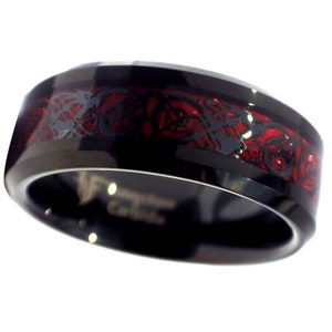 Tungsten Black Celtic Dragon Ring Mens Womens Red Carbon Fiber Wedding Band Sizes 6-16 8mm