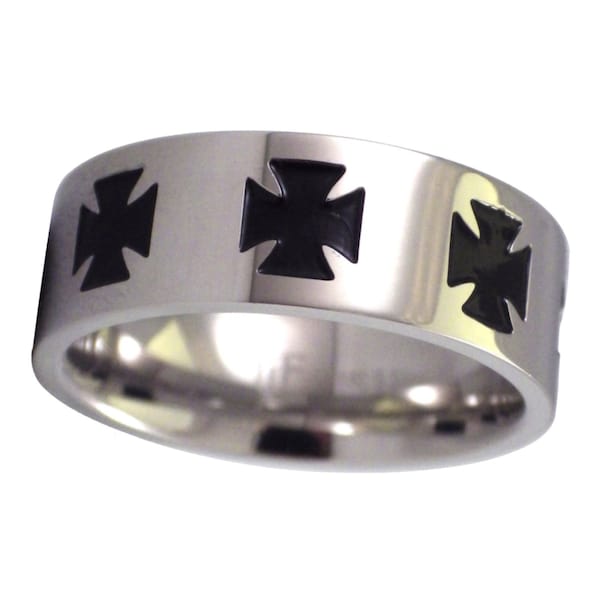 Maltese Cross Ring Mens Black Silver Stainless Steel Knights Templar Biker Band