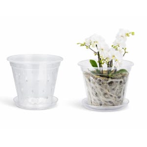 Clear 5 Inch Orchid Pots With Drainage Holes & Saucers Slotted Plastic Planters Indoor