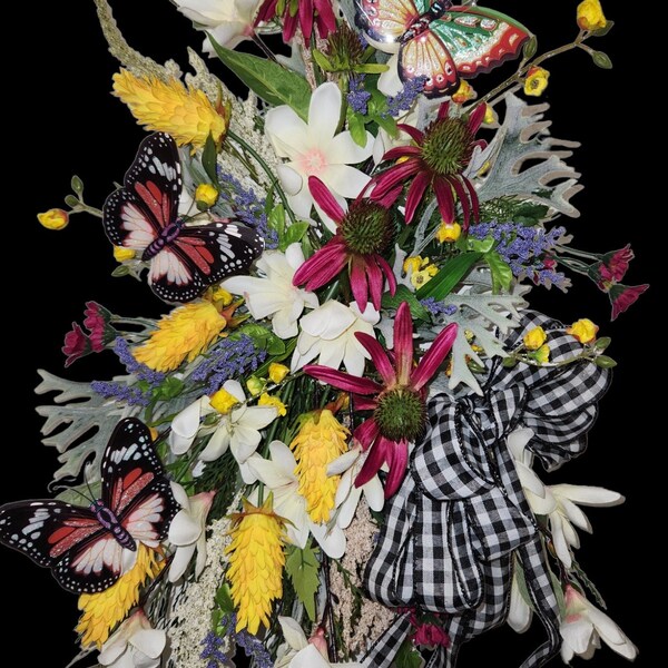 SPRING BUTERFLY FLORAL Vertical Swag Arrangement- 3 Butterflies are made to move in the breeze, Door Wreath, Spring/Summer Wild Flower Mix