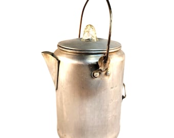 Vintage Aluminum Coffee Percolator Pot With Glass Knob Lid & Wire Handle