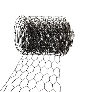 May include: A roll of black chicken wire, with a hexagonal mesh pattern, is displayed against a white background. The wire is tightly wound, showing the texture and form of the material. The image highlights the wire's structure.