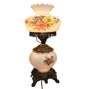 Vintage Floral Hand-Painted Glass Table Lamp - 3-Way Lighting