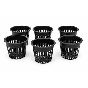 May include: A set of six black plastic net pots for hydroponic gardening. Each pot features a wide circular rim and a series of vertical and horizontal slats along the sides and base, designed to allow for optimal water flow and root development.