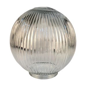 May include: A clear, spherical glass lamp shade with vertical ribbed detailing. The shade has a rounded shape and a small, circular base. The glass appears to be transparent, allowing light to pass through. The overall design is simple and elegant.