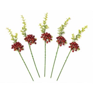 May include: Five artificial floral stems arranged in a fan shape. Each stem features a cluster of small, round, glossy red berries attached to a thin green wire, accompanied by a sprig of light green, small, oval-shaped leaves extending upward.