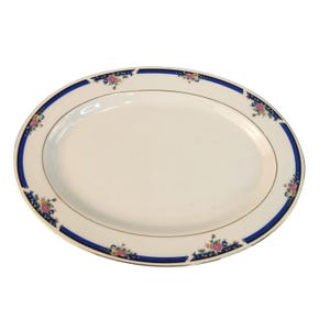 Royal Majestic Fine China Oval Serving Platter Morning Rose 8433 Floral Gold Trim Blue Band Elegant Dining Decor Vintage 14&quot; Plate