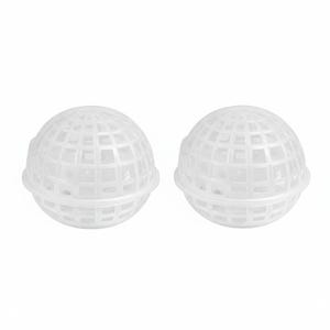 May include: Two clear, spherical plastic objects with a grid-like design. Each sphere is composed of interconnected squares, creating a cage-like structure. The objects are likely decorative or functional, possibly for home or garden use.