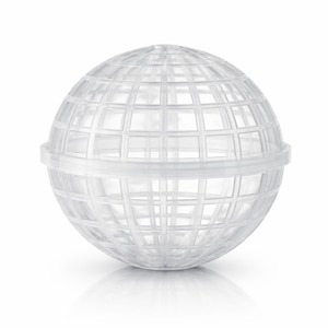 May include: A clear, spherical floral cage with a grid-like design. The cage is made of a translucent plastic material and is designed to hold flowers in place. The sphere is divided into two halves, with a band around the middle.