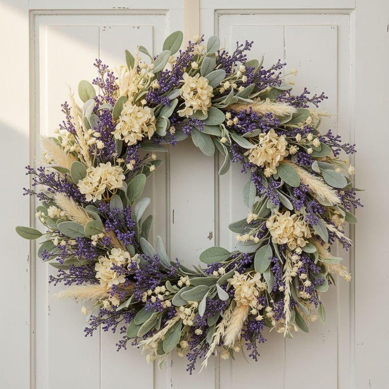 Puede incluir: Una corona circular que presenta un arreglo denso de ramas de lavanda morada, flores de hortensia color crema, hojas de oreja de cordero verde salvia y plumas de hierba de la pampa beige, creando una exhibici&oacute;n bot&aacute;nica texturizada.