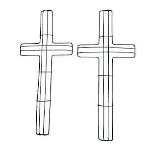 May include: Two dark green metal cross-shaped wreath forms. The crosses are made of wire and have a simple, open design. They are suitable for creating decorative wreaths for religious holidays or memorial displays.