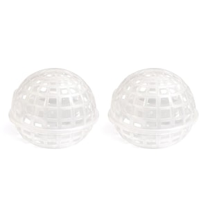 May include: Two clear, spherical laundry balls with a grid-like design. These plastic balls are designed to be placed in a washing machine to help clean clothes. The balls are white and sit on a white background.