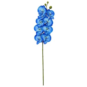 May include: A vibrant blue artificial orchid stem with multiple blooms. The flowers are a rich, saturated blue, and the stem is a natural green color. The orchid is a popular choice for home decor and floral arrangements.