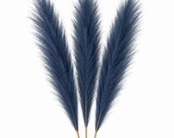 Dusty Navy Blue Faux Pampas Grass Bundle | 3 Artificial Pampas Stems | 20 Inch Blue Pampas Grass | Farmhouse Decor | Coastal Cottage Decor