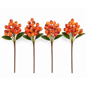 Artificial Orange Berry Stems Set of 4 Faux Fall Berry Picks Autumn Berry Branches Thanksgiving Decor Wreath Supplies Vase Filler