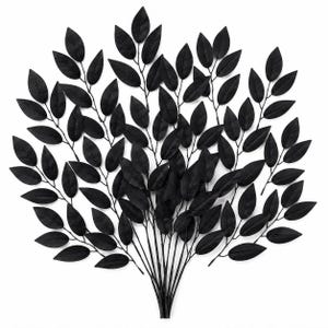 May include: A bundle of black artificial leaves arranged in a fan shape against a white background. The leaves are oval-shaped and attached to thin, dark stems, creating a symmetrical, decorative display.